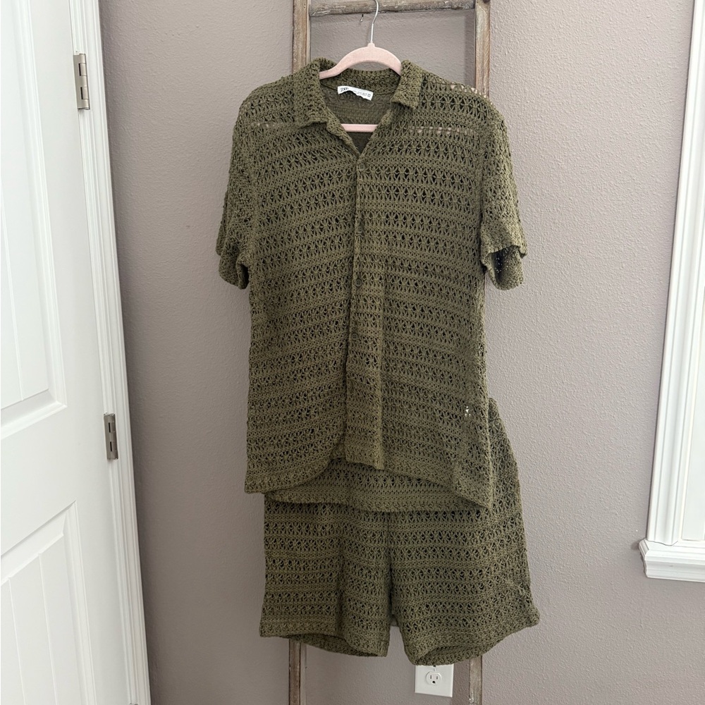 Olive Green Crochet Top and Shorts Set